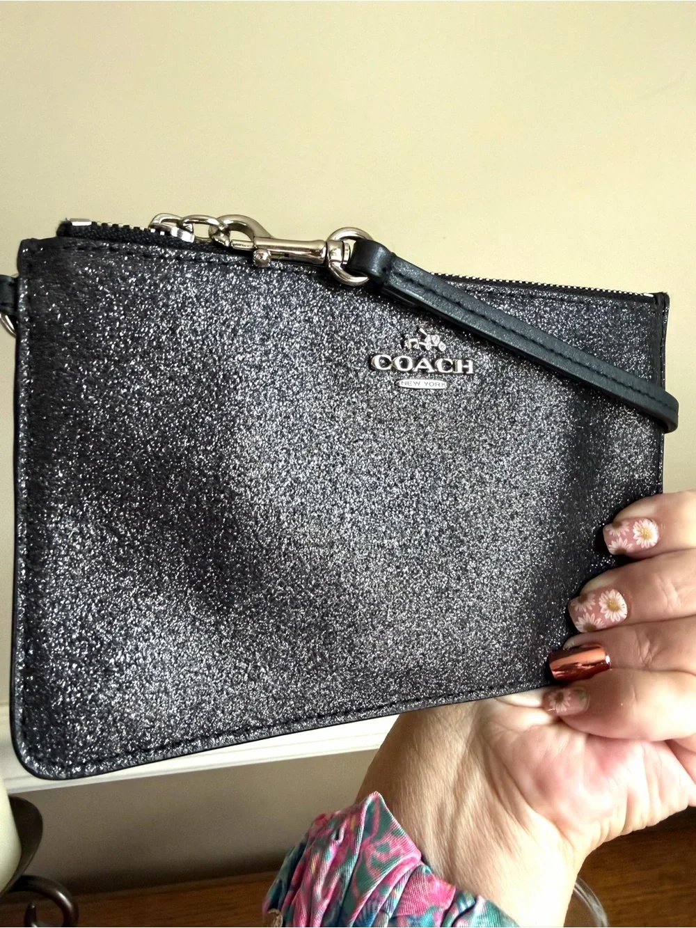 Coach Black Glitter Wristlet Clutch with Silver Logo, strap and hangtag EUC